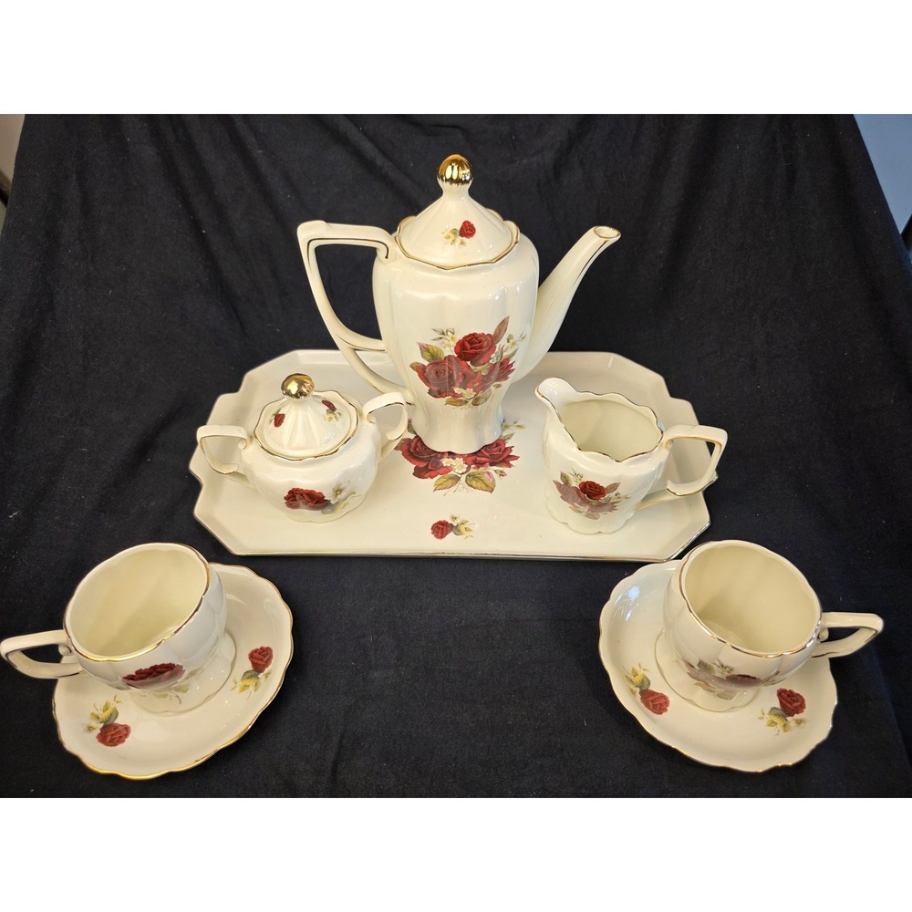 Vintage Porcelain Formalities by Baum Brothers Red Rose Tea Set Gold Trim 9pc‎